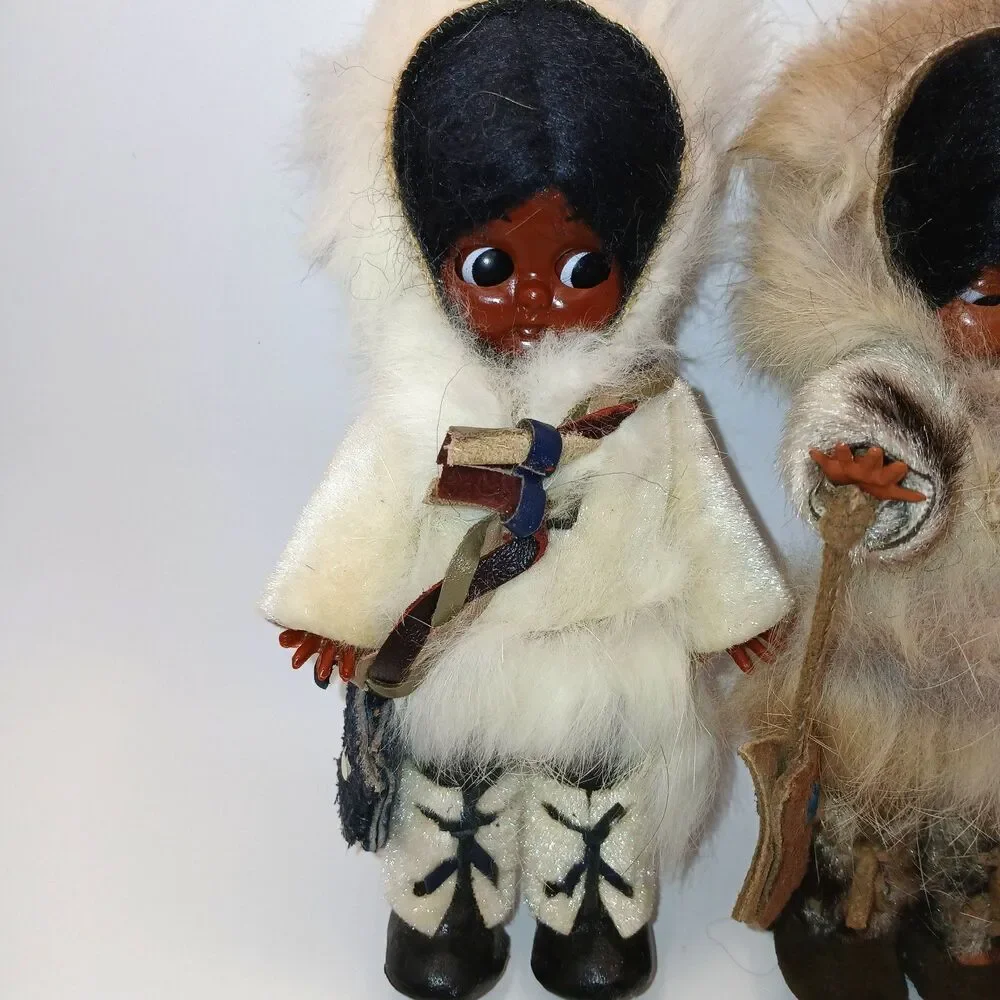 Vtg Native Alaskan Dolls x2 Real Fur Leather Sleepy Eyes Mittens Folk Art 6